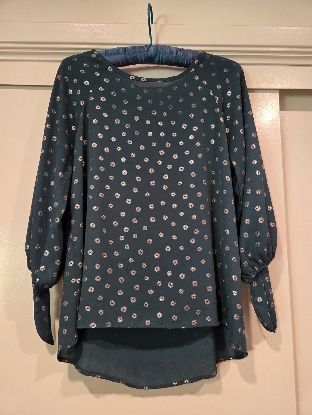 Women's Long-Sleeve Blouse - Empress Teal Color Dotted w/ Gold Starbursts